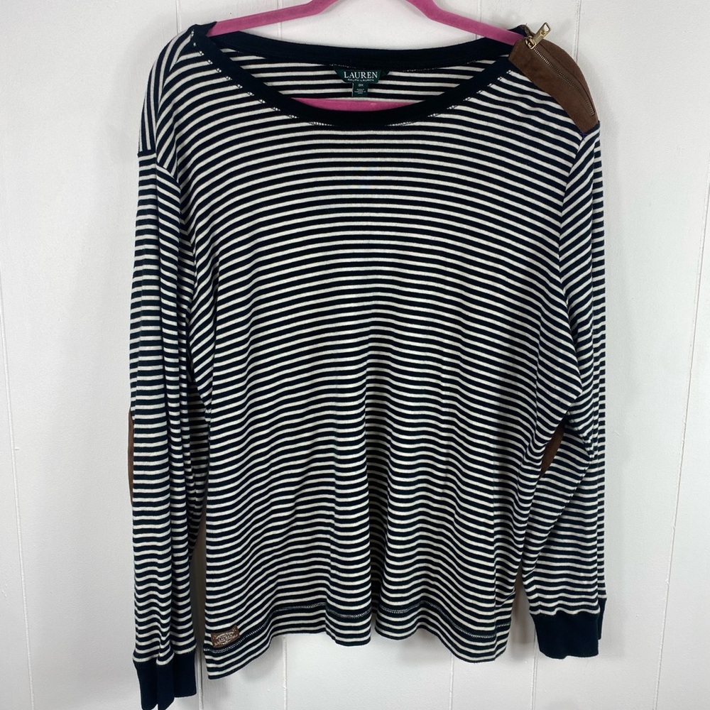 Lauren Ralph Lauren Women’s Striped Faux Leather Trim Blouse Navy White Size 3XL